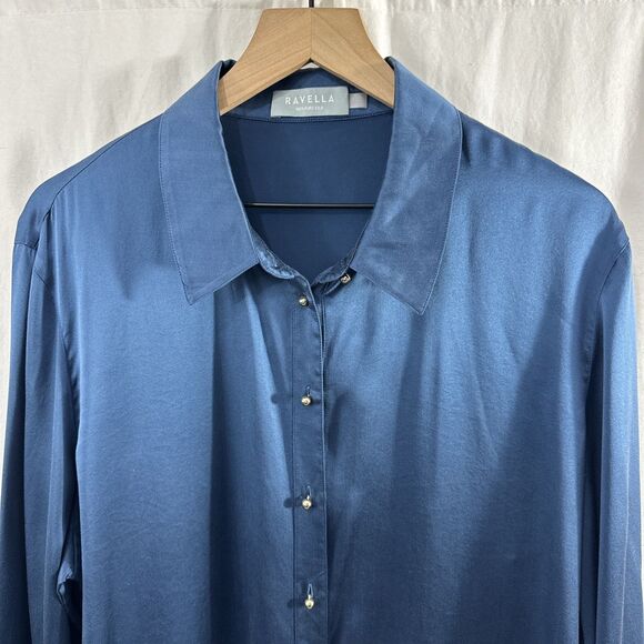 Ravella Milano 100% Silk Blue Round Gold Ball Button Up Shirt Womens Size XXL - Picture 2 of 14